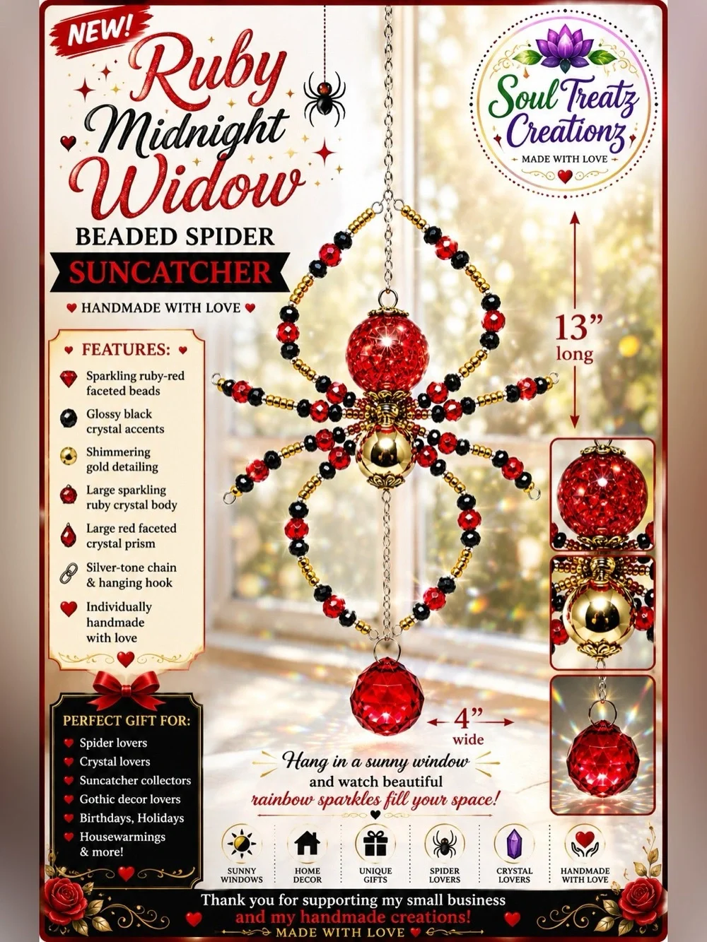 Red & Gold Crystal Beaded Spider Sun Catcher
